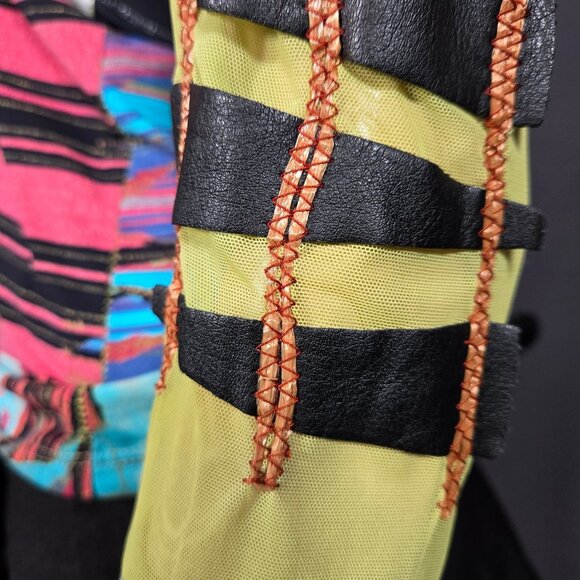 Vintage Save The Queen Top blouse size L Abstract Print Mesh Sleeves Stretch - Picture 7 of 13